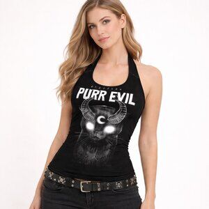 Killstar Purr Evil Horned Cat Graphic Halter Tank Top XS Goth Grunge Cult